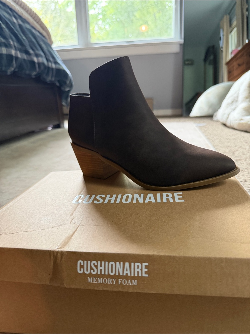 Cushionaire Brown Women's Ankle Bootie — Low Stacked Heel